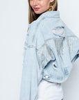 Rhinestone Fringe Distressed Denim Jacket