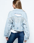 Rhinestone Fringe Distressed Denim Jacket