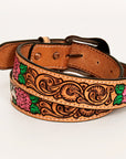 BAR H EQUINE Natural Floral Designs Hand Painted Western Leather Men And Women Belt Tan