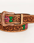 BAR H EQUINE Natural Floral Designs Hand Painted Western Leather Men And Women Belt Tan