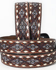 BAR H EQUINE Genuine White Flower Hand Painted Western Leather Men And Women Belt Dark Brown