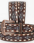 BAR H EQUINE Genuine White Flower Hand Painted Western Leather Men And Women Belt Dark Brown