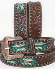 BAR H EQUINE Natural Floral Hand Painted Western Fashion Premium Leather Men And Women Belt Brown