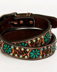 BAR H EQUINE Turquoise Flower Hand Carved Western Leather Men And Women Belt Brown