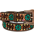 BAR H EQUINE Turquoise Flower Hand Carved Western Leather Men And Women Belt Brown