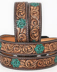 BAR H EQUINE Turquoise Flower Hand Painted Western Leather Men And Women Belt Brown