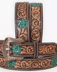 BAR H EQUINE Turquoise Flower Hand Painted Western Leather Men And Women Belt Brown