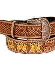 BAR H EQUINE Daffodil Floral Hand Painted Western Fashion Premium Leather Men And Women Belt Tan