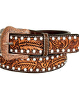 BAR H EQUINE Floral Leaf White Crystal Hand Carved Western Leather Men And Women Belt Brown