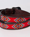 BAR H EQUINE Red Beaded Black Crystal Hand Carved Western Leather Belt Antique Brown