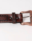 BAR H EQUINE Red Beaded Black Crystal Hand Carved Western Leather Belt Antique Brown