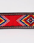 BAR H EQUINE Red Beaded Black Crystal Hand Carved Western Leather Belt Antique Brown