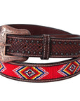 BAR H EQUINE Red Beaded Black Crystal Hand Carved Western Leather Belt Antique Brown