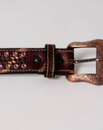BAR H EQUINE Beaded Crystal Basket Tooled Hand Carved Western Leather Men And Women Belt Antique Brown