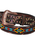 BAR H EQUINE Beaded Crystal Basket Tooled Hand Carved Western Leather Men And Women Belt Antique Brown