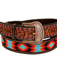 BAR H EQUINE Red Crystal Beaded Floral Hand Carved Western Leather Men And Women Belt Brown