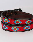 BAR H EQUINE Red Beaded White Crystal Floral Hand Carved Western Men And Women Belt Brown