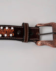 BAR H EQUINE Red Beaded White Crystal Floral Hand Carved Western Men And Women Belt Brown