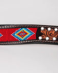 BAR H EQUINE Red Beaded White Crystal Floral Hand Carved Western Men And Women Belt Brown