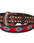 BAR H EQUINE Red Beaded White Crystal Floral Hand Carved Western Men And Women Belt Brown