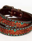 BAR H EQUINE Turquoise Buckstitch Floral Hand Carved Western Leather Men And Women Belt