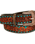 BAR H EQUINE Turquoise Buckstitch Floral Hand Carved Western Leather Men And Women Belt