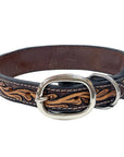 BAR H EQUINE Floral Beaded Hand Carved Western Leather Dog Collar Dark Brown