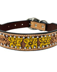 BAR H EQUINE Natural Daffodil Floral Hand Painted Western Leather Dog Collar Tan