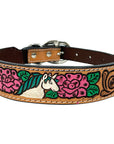 BAR H EQUINE Floral Belle Unicorn Hand Painted Western Leather Dog Collar Tan