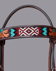 BAR H EQUINE Western Horse Floral Beaded Work Headstall Genuine Leather Dark Brown