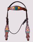 BAR H EQUINE Western Horse Floral Hand Painted Genuine Leather Headstall Brown