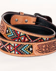 Bar H Equine Hand Carved Western Leather Belt Men Women Beaded