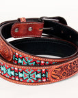 Bar H Equine Hand Carved Western Leather Belt Men Women Beaded