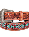 Bar H Equine Hand Carved Western Leather Belt Men Women Beaded