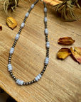 Blue Lace Agate & Sterling Silver Pearl Necklace – 20 ½” Plus Extender