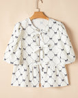 Ezra Bowknot Print Front Knots Bubble Sleeve Blouse