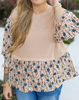 Beige Faux Two Piece Knit Patchwork Floral Print Plus Size Top