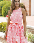 Rosa Floral Jacquard Sleeveless Mini Dress with Waist Tie