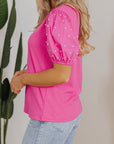Pearl Beaded Ribbed Puff Sleeve Top