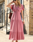 Kelsey Textured Flutter Sleeve Ruffled Maxi Dress