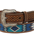 Ariat Mens Brown & Blue Southwest Embroidered Leather Belt