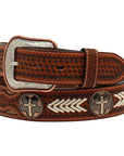 M&F Western 1.5 in. Mens Tooled Tabs Calf Hair Copper Cross Concho Belt Tan