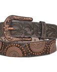 1 1/2" Wide Brown Floral Embossed Leather Copper Stud Belt