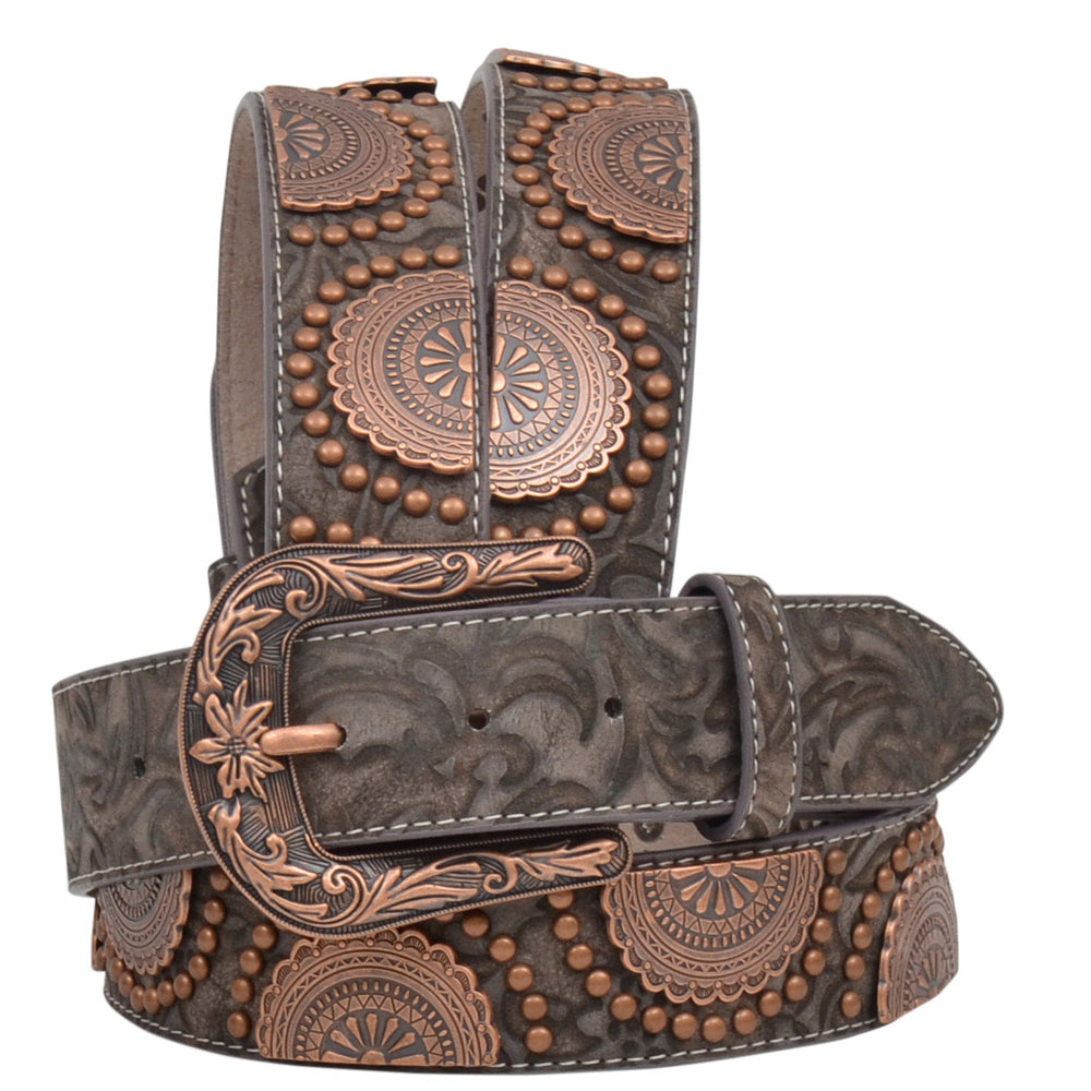 1 1/2" Wide Brown Floral Embossed Leather Copper Stud Belt
