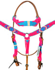 HILASON Western Wool Breast Collar Headstall Set Tack Set Turquoise & Pink