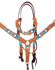 HILASON Cactus Western Wool Breast Collar Headstall Set Tack Set Blue & Brown