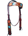 Bar H Equine Horse Leather Turquoise Floral Hand Painted One Ear Headstall Brown