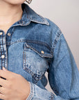 American Darling Leather Hand Tooled Carved Women Denim Shirt Jacket