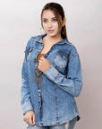 American Darling Leather Hand Tooled Carved Women Denim Shirt Jacket
