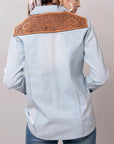 American Darling Leather Hand Tooled Carved Women Denim Shirt Jacket